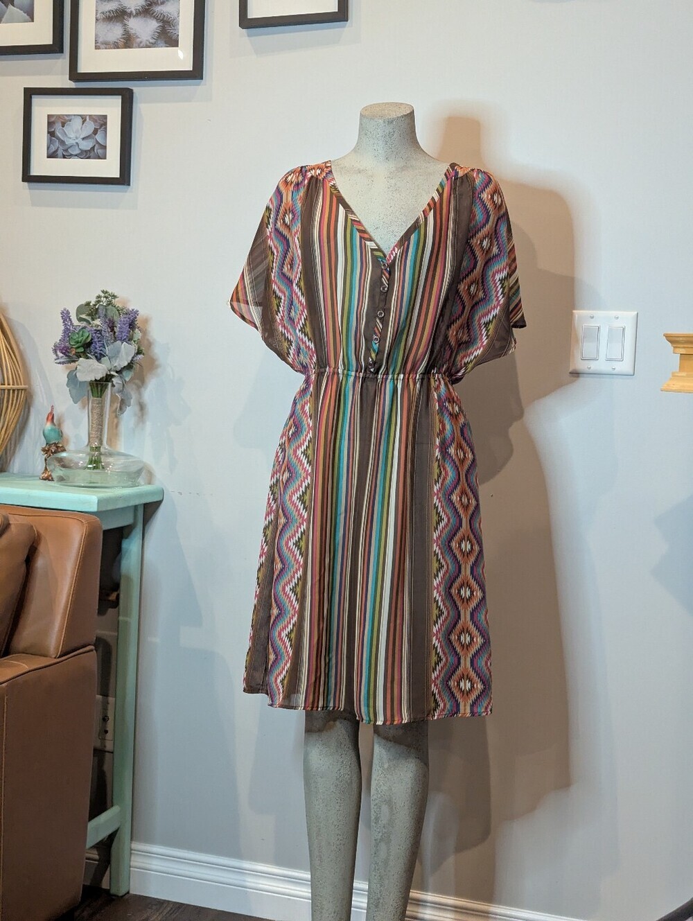 Stetson Western Wear Dress Multi-Color V-Neck Button Front Sheer Dress Size L